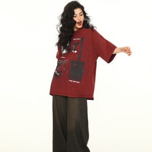 Vintage Wine Red Oversized Short-Sleeve T-Shirt for Men and Women, American Street Style Couple Top, Trendy 90s A-Zi Fashion