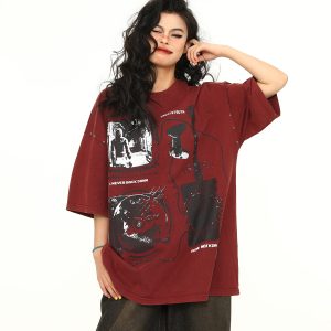 Vintage Wine Red Oversized Short-Sleeve T-Shirt for Men and Women, American Street Style Couple Top, Trendy 90s A-Zi Fashion