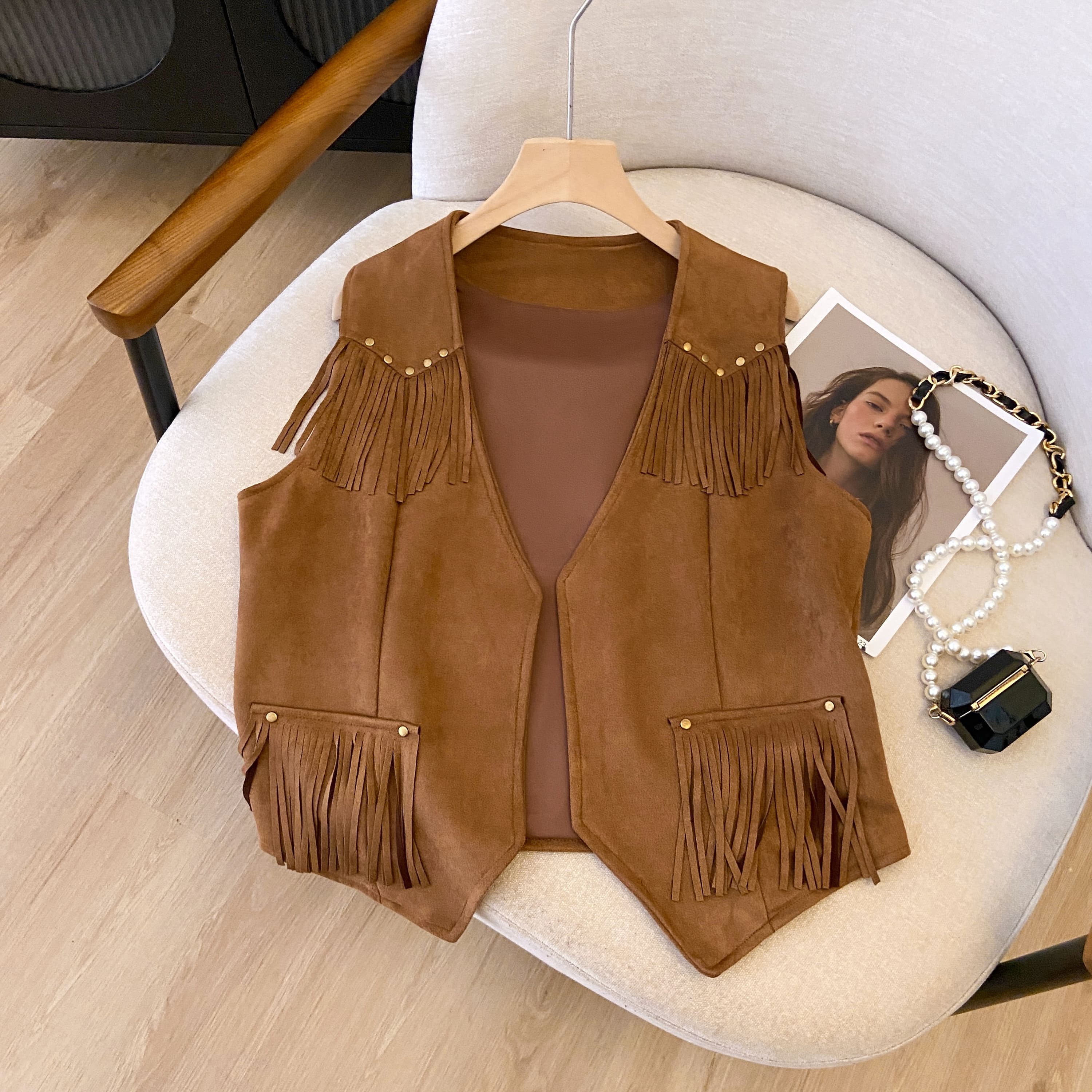 Vintage Women's Suede Vest with Studded Design and Deer Tassels - Boho Chic Outerwear for Stylish Fall Looks