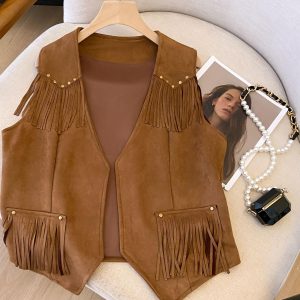 Vintage Women's Suede Vest with Studded Design and Deer Tassels - Boho Chic Outerwear for Stylish Fall Looks