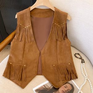 Vintage Women's Suede Vest with Studded Design and Deer Tassels - Boho Chic Outerwear for Stylish Fall Looks