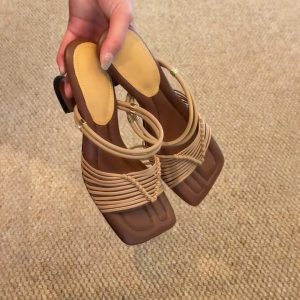 Vintage Woven One-Strap Roman Sandals for Women - Chunky Heels, Square Toe, Elegant Open-Toe, Two-Way Wear