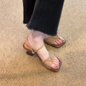 Vintage Woven One-Strap Roman Sandals for Women - Chunky Heels, Square Toe, Elegant Open-Toe, Two-Way Wear