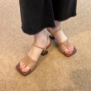 Vintage Woven One-Strap Roman Sandals for Women - Chunky Heels, Square Toe, Elegant Open-Toe, Two-Way Wear