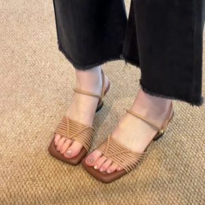 Vintage Woven One-Strap Roman Sandals for Women - Chunky Heels, Square Toe, Elegant Open-Toe, Two-Way Wear