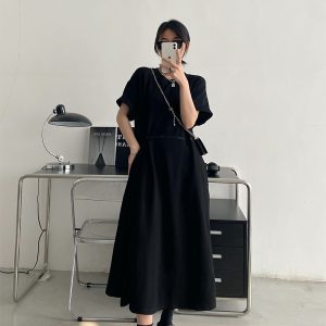 Waist-Cinching Buttoned T-Shirt Dress for Women - Casual Split Design, Short Sleeve, Loose Fit, Spring/Summer Grapefruit Style