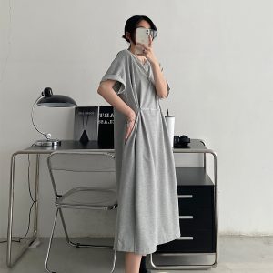 Waist-Cinching Buttoned T-Shirt Dress for Women - Casual Split Design, Short Sleeve, Loose Fit, Spring/Summer Grapefruit Style