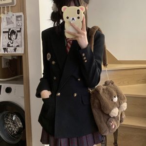 Waist-Cinching Slim Fit Pudding Bear JK Uniform Jacket - Female Academy Style 2025, Trendy Korean Style Fashion