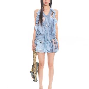 Waist-Cinching Slimming Lace Dress with Denim Print, Tulle Ribbons, and Hot Girl Style - Trendy Y2K Fashion Statement Dress