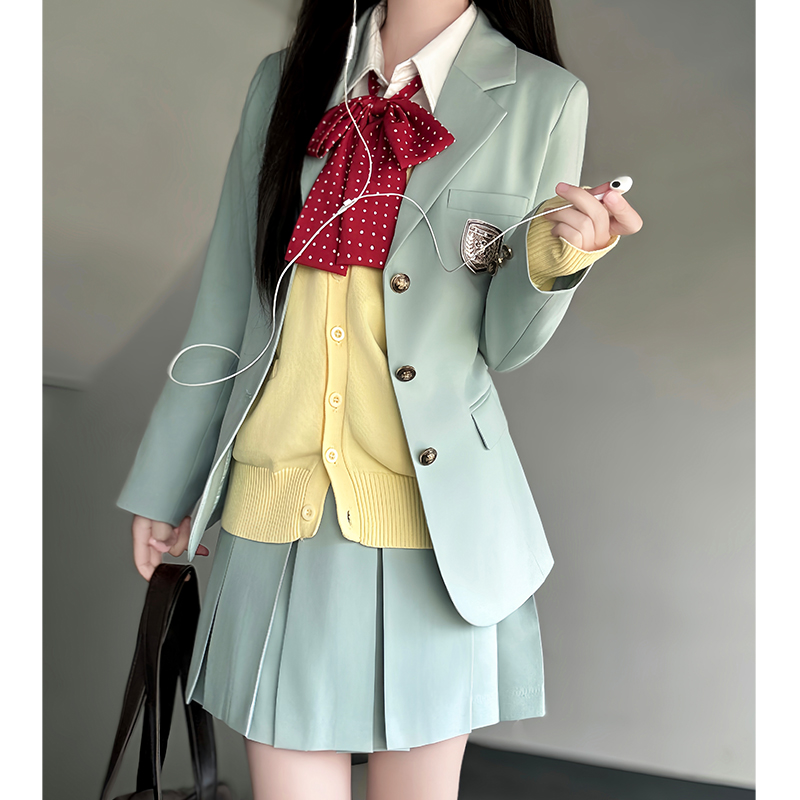 Waist-Defined Blazer Set in Ice Moss - Women's JK Uniform Style for Spring College Looks - Trendy Pudding Bear Design