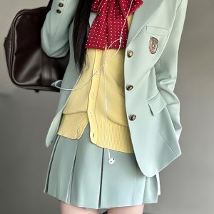 Waist-Defined Blazer Set in Ice Moss - Women's JK Uniform Style for Spring College Looks - Trendy Pudding Bear Design
