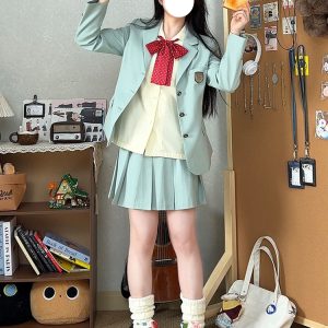Waist-Defined Blazer Set in Ice Moss - Women's JK Uniform Style for Spring College Looks - Trendy Pudding Bear Design