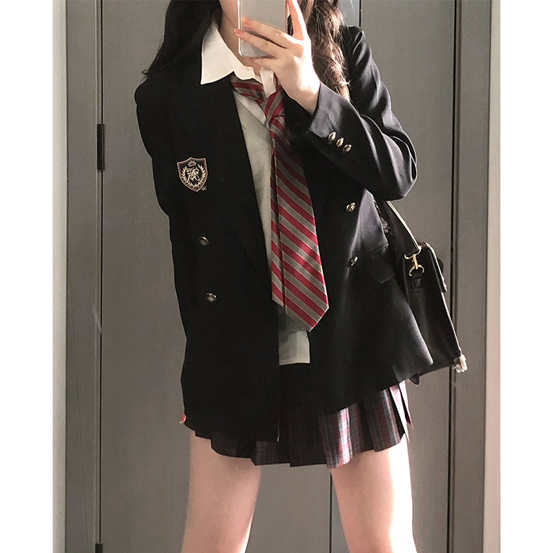 Waist-Defined Slimming JK Uniform Set for Women - Pudding Bear College Style Jacket & Skirt Outfit