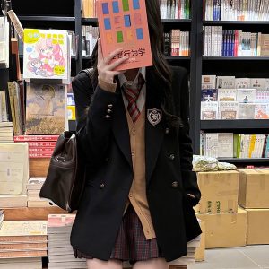 Waist-Defined Slimming JK Uniform Set for Women - Pudding Bear College Style Jacket & Skirt Outfit