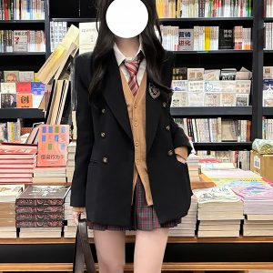 Waist-Defined Slimming JK Uniform Set for Women - Pudding Bear College Style Jacket & Skirt Outfit