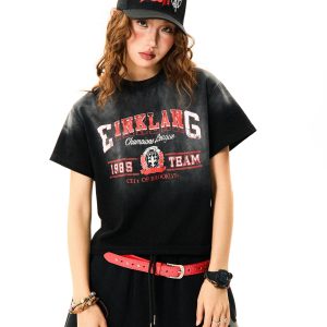 Washed and Faded Vintage Distressed Short Sleeve T-Shirt for Women - Slim Fit Summer Essential, Retro 90s Style Top