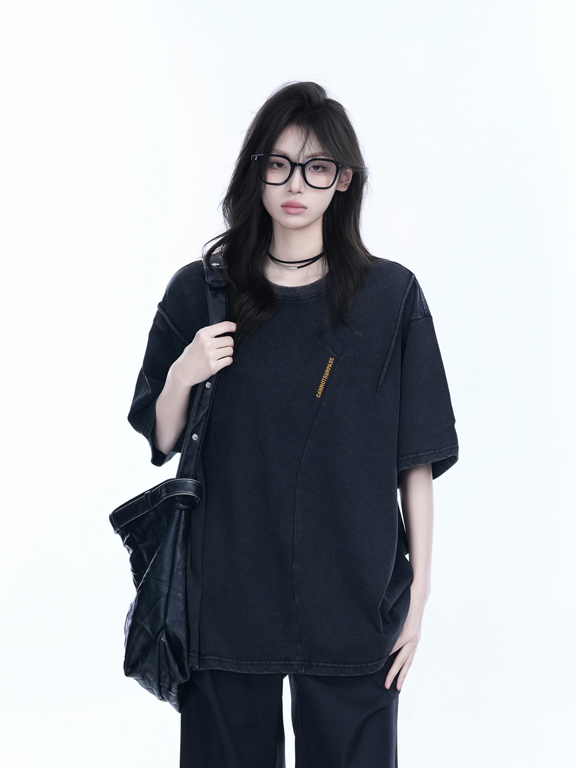Washed Black Loose-Fit Short Sleeve T-Shirt for Women with Embroidered Half Sleeves – American Street Style, Casual 90s Aesthetic Washed Black Loose-Fit Short Sleeve T-Shirt for Women with Embroidered Half Sleeves – American Street Style, Casual 90s Aesthetic