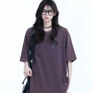 Washed Black Loose-Fit Short Sleeve T-Shirt for Women with Embroidered Half Sleeves – American Street Style, Casual 90s Aesthetic