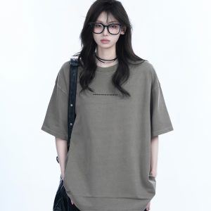 Washed Distressed Short Sleeve T-Shirt for Women - American Street Style with Unique Loose Round Neck