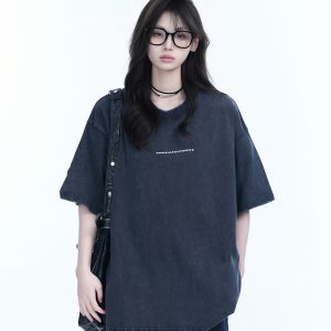 Washed Distressed Short Sleeve T-Shirt for Women - American Street Style with Unique Loose Round Neck