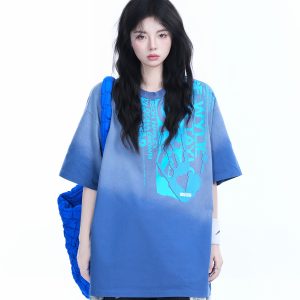 Washed Gradient Short Sleeve T-Shirt for Women - Loose Fit, Trendy American High Street Style, Casual Graphic Tee