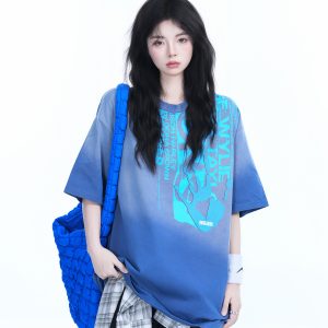 Washed Gradient Short Sleeve T-Shirt for Women - Loose Fit, Trendy American High Street Style, Casual Graphic Tee
