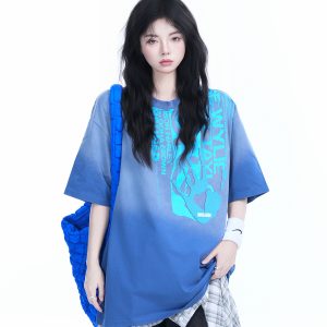 Washed Gradient Short Sleeve T-Shirt for Women - Loose Fit, Trendy American High Street Style, Casual Graphic Tee