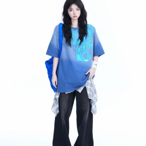 Washed Gradient Short Sleeve T-Shirt for Women - Loose Fit, Trendy American High Street Style, Casual Graphic Tee