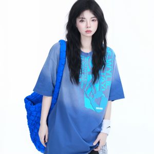 Washed Gradient Short Sleeve T-Shirt for Women - Loose Fit, Trendy American High Street Style, Casual Graphic Tee