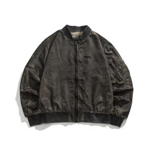Wasteland Style Flight Jacket - Unisex Loose Baseball Jacket in Dirty Color, American Streetwear for Couples, Trendy 90s Fashion