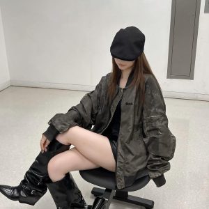 Wasteland Style Flight Jacket - Unisex Loose Baseball Jacket in Dirty Color, American Streetwear for Couples, Trendy 90s Fashion