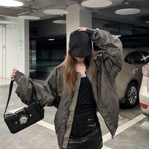 Wasteland Style Flight Jacket - Unisex Loose Baseball Jacket in Dirty Color, American Streetwear for Couples, Trendy 90s Fashion