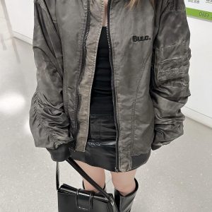 Wasteland Style Flight Jacket - Unisex Loose Baseball Jacket in Dirty Color, American Streetwear for Couples, Trendy 90s Fashion