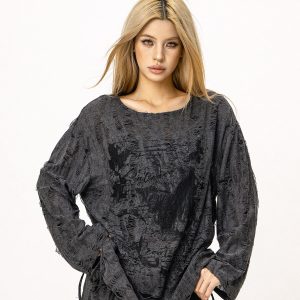 Wasteland Style Ripped Hoodie - Long Sleeve Drawstring Jazz Dance Top for Hot Girls - Casual Loose Fit