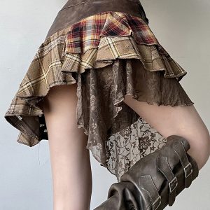 Wasteland Ultra-Complex Splicing Design Half Skirt for Women - Irregular Checkered Niche Pleated Skirt, Y2K Fashion