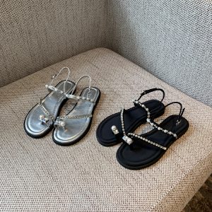 Water Drill Pearl Toe-Post Flat Sandals for Women - 2025 Summer Fairy Temperament Versatile Roman Style Shoes