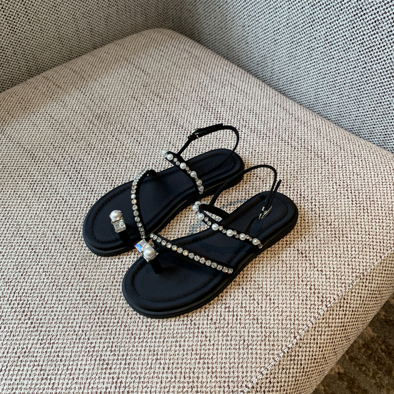 Water Drill Pearl Toe-Post Flat Sandals for Women - 2025 Summer Fairy Temperament Versatile Roman Style Shoes