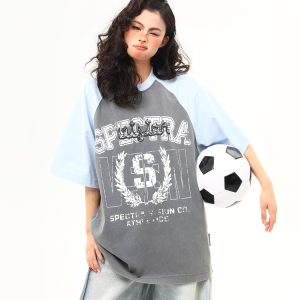 Water-Washed Heavyweight Color-Blocked Raglan Short Sleeve T-Shirt for Women - Trendy Summer Loose Fit Tee, Casual Couple Style