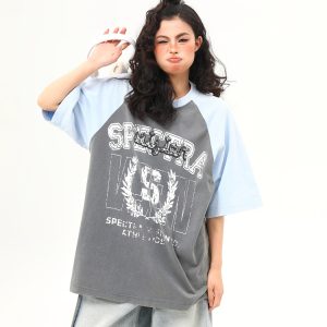 Water-Washed Heavyweight Color-Blocked Raglan Short Sleeve T-Shirt for Women - Trendy Summer Loose Fit Tee, Casual Couple Style