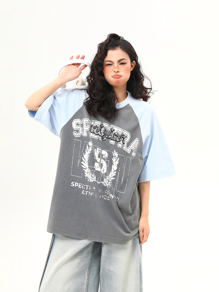 Water-Washed Heavyweight Color-Blocked Raglan Short Sleeve T-Shirt for Women - Trendy Summer Loose Fit Tee, Casual Couple Style Water-Washed Heavyweight Color-Blocked Raglan Short Sleeve T-Shirt for Women - Trendy Summer Loose Fit Tee, Casual Couple Style