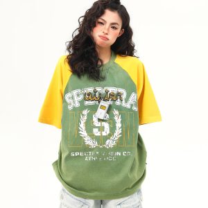 Water-Washed Heavyweight Color-Blocked Raglan Short Sleeve T-Shirt for Women - Trendy Summer Loose Fit Tee, Casual Couple Style