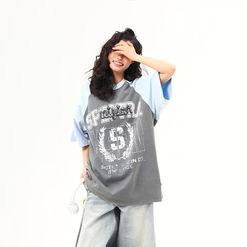 Water-Washed Heavyweight Color-Blocked Raglan Short Sleeve T-Shirt for Women - Trendy Summer Loose Fit Tee, Casual Couple Style Water-Washed Heavyweight Color-Blocked Raglan Short Sleeve T-Shirt for Women - Trendy Summer Loose Fit Tee, Casual Couple Style