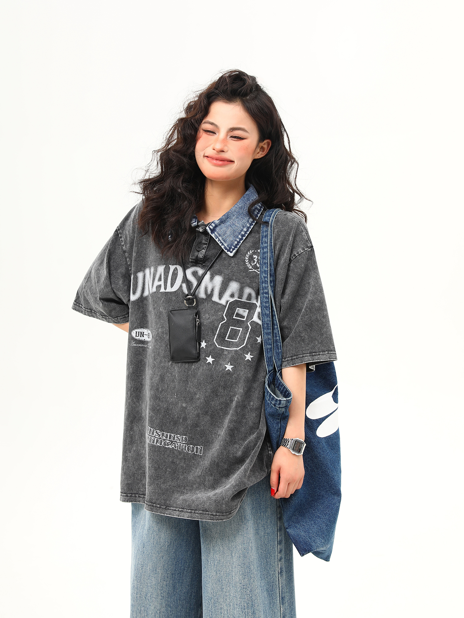 Water-Washed Heavyweight Denim Collar Short Sleeve T-Shirt for Men and Women - Summer American Retro Trendy Tee Water-Washed Heavyweight Denim Collar Short Sleeve T-Shirt for Men and Women - Summer American Retro Trendy Tee