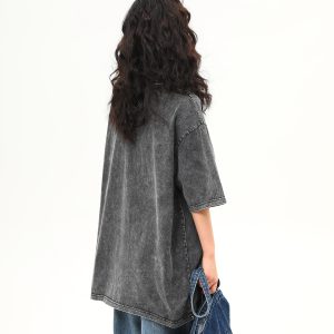 Water-Washed Heavyweight Denim Collar Short Sleeve T-Shirt for Men and Women - Summer American Retro Trendy Tee