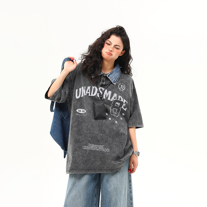 Water-Washed Heavyweight Denim Collar Short Sleeve T-Shirt for Men and Women - Summer American Retro Trendy Tee