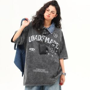 Water-Washed Heavyweight Denim Collar Short Sleeve T-Shirt for Men and Women - Summer American Retro Trendy Tee