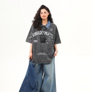 Water-Washed Heavyweight Denim Collar Short Sleeve T-Shirt for Men and Women - Summer American Retro Trendy Tee