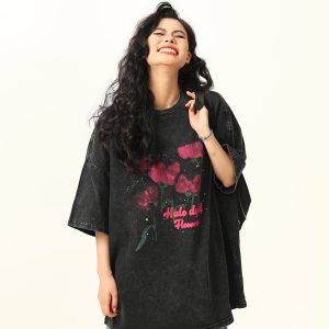 Water Washed Vintage Rose Print Short Sleeve T-Shirt for Men and Women - Summer Loose Trendy Streetwear Couple Top