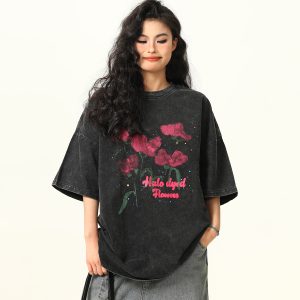 Water Washed Vintage Rose Print Short Sleeve T-Shirt for Men and Women - Summer Loose Trendy Streetwear Couple Top