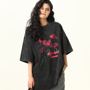 Water Washed Vintage Rose Print Short Sleeve T-Shirt for Men and Women - Summer Loose Trendy Streetwear Couple Top